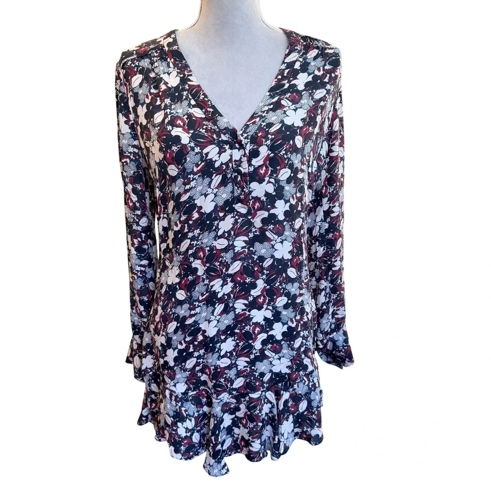 Veronica Beard Franklin Silk Floral V-Neck Ruffle Mini Dress Navy Burgundy 4
